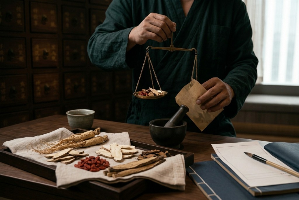 中醫師以戥秤配藥，一人一方個人化處方
